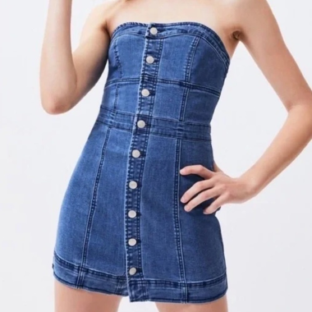 PACSUN Blue Denim Strapless Button Up Dress